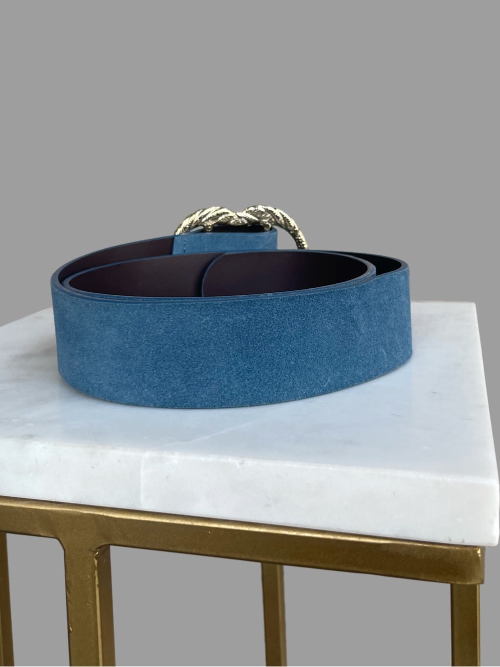 SEZANE Classic Blue Suede Leather Artemis Belt w/ Engraved Gold Brass Buckle - Picture 6 of 14